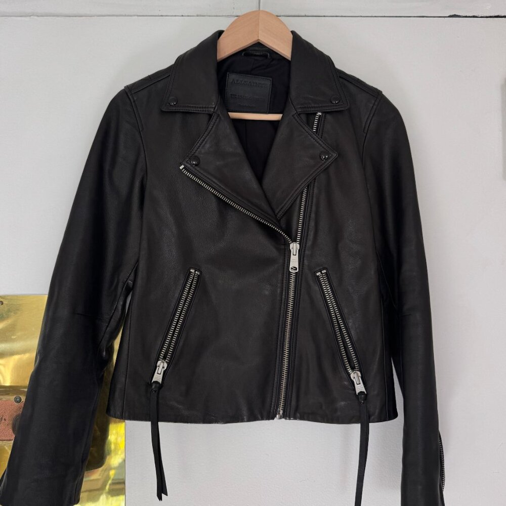 AllSaints Women’s Leather Moto Jacket – Black, Size US 6 (Genuine Leather)
